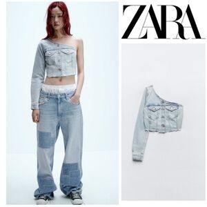 ZARA asymmetric denim top Light Wash One-Shoulder Cropped